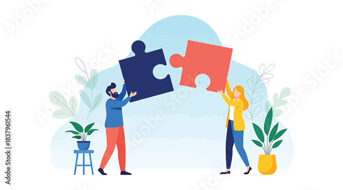 Illustration of two individuals holding large puzzle pieces about to connect, symbolizing collaboration, teamwork, and problem-solving in a modern setting with abstract foliage and plant elements