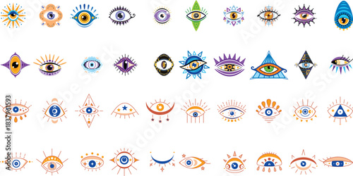 Mystic Evil Eyes Icons Set, Esoteric Protection Talisman and Magic Occult Vector Collection