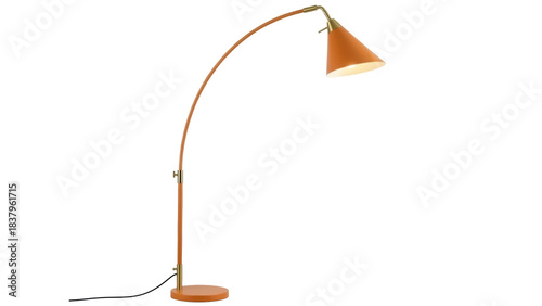 Isolated orange floor lamp, modern mid century style, with a curved neck and a cone shade