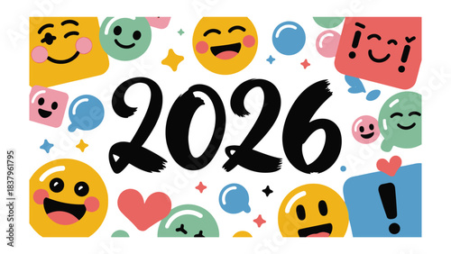Emoji-Filled 2026 : The vibrant and cheerful image features a playful composition, the bold numerals '2026' are set amidst a sea of colorful emojis.