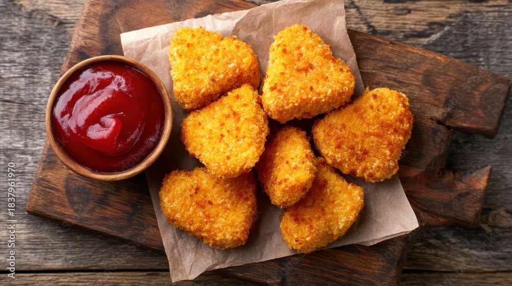 Naklejka premium Heart shaped chicken nugget and ketchup on wooden board. Fast food snack on Valentines Day. Delicious appetizer for party.