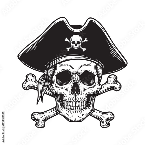 Vintage Pirate Skull with Captain Hat and Crossbones