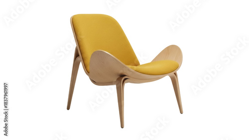 Isolated wooden frame lounge chair with yellow fabric seat furnishing design decor item