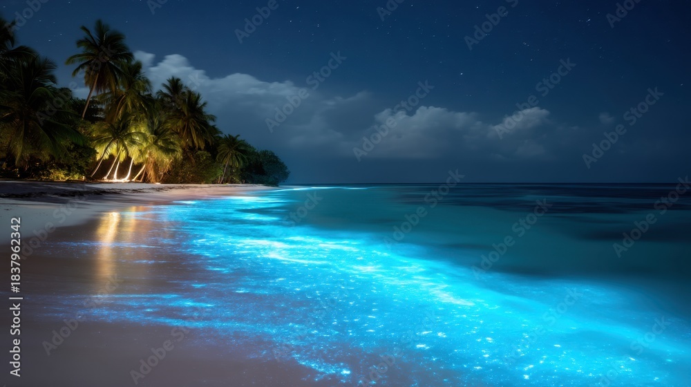 Naklejka premium Bioluminescent ocean waves glowing blue on white sand beach at night. Magical natural phenomenon for travel and vacation dream concept.