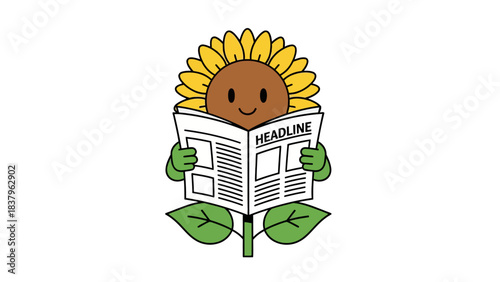 Cartoon sunflower reading a newspaper