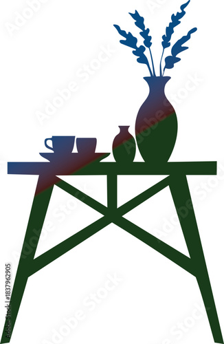Silhouette of a table with vases and cups on white background