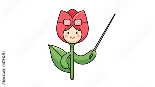 Cartoon tulip character wearing glasses and holding a pointer stick