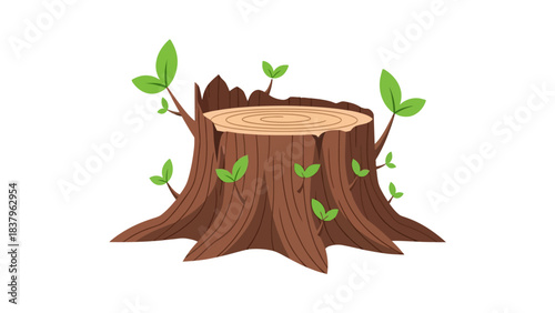 Cartoon tree stump with green sprouts growing