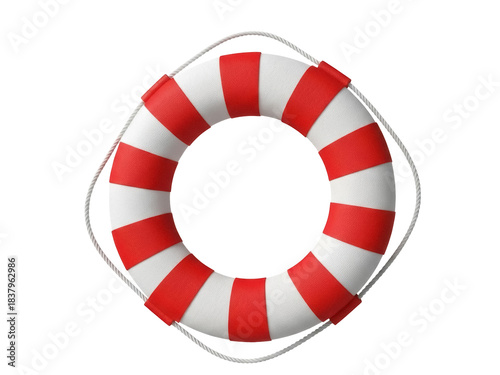 Fotografía Isolated life buoy, red and white striped lifesaver with rope for emergency resc