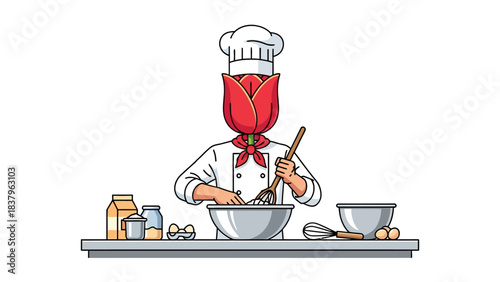 Chef with tulip head bakes in kitchen