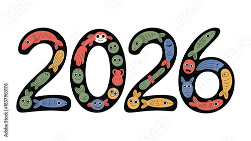 2026 Typography: A playful and creative illustration of the year 2026, filled with whimsical drawings, emojis and decorative elements, ideal for design project or children's materials.