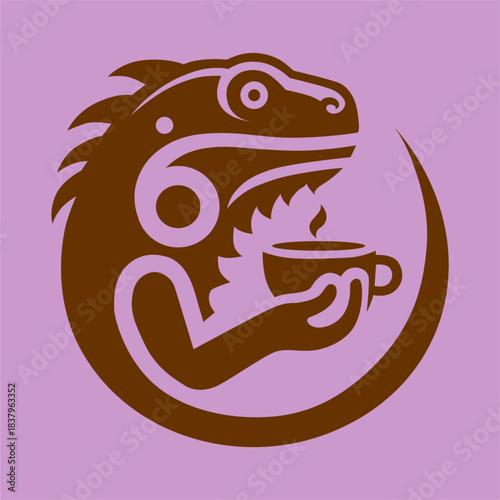 Stylized Iguana Enjoying a Steaming Cup of Coffee