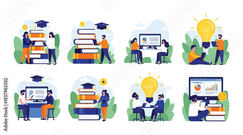 Collage of eight illustrated scenes showing educational activities like reading, discussing, and presenting data, symbolizing learning, collaboration, and intellectual growth in academic environments