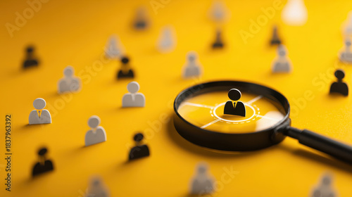 Human resources concept with magnifying glass and people icons on yellow background