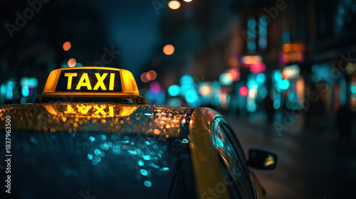 Illuminated taxi cab sign at night in a city with blurred lights
