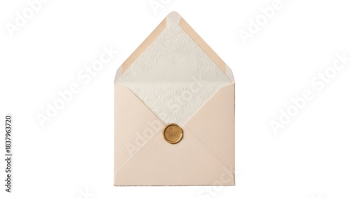 Isolated elegant square envelope with textured paper and wax seal for wedding invitation