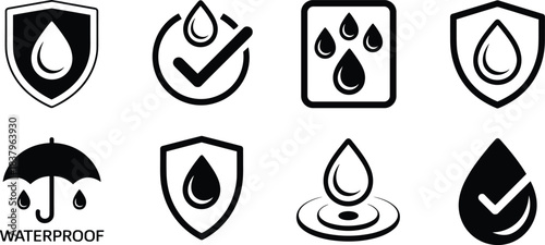 Waterproof protection icons with water drop symbols, moisture-resistant badges, shield safety graphics, liquid-proof design elements, durable material verification vector set