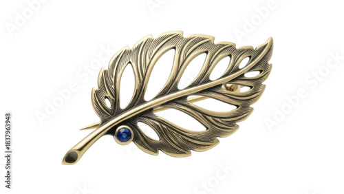 Fotografie Isolated antique leaf brooch with gem, vintage jewelry, metal pin, decoration, g