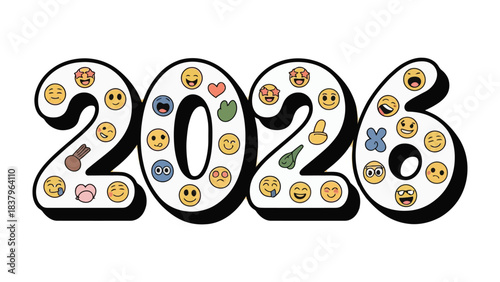 2026 Typography Design: A cheerful and playful illustration of the year 2026, creatively composed with vibrant emoji symbols, creating a fun, symbolic, and optimistic view of the future.