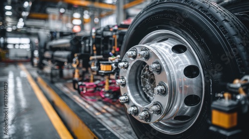 Truck wheel assembly on production line.