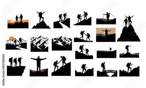 Collection of diverse hiking and mountaineering adventure silhouettes and icons