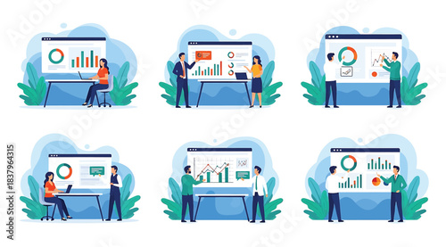 Collection of six illustrated scenes showing professionals presenting data on display boards with charts and graphs, symbolizing business analysis, education, and collaborative instruction in modern s