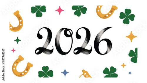 Lucky Charm: A vibrant image of 2026 surrounded by festive good luck symbols, like four-leaf clover, horseshoe, and glittering stars, promising a year of fortune and prosperity. 