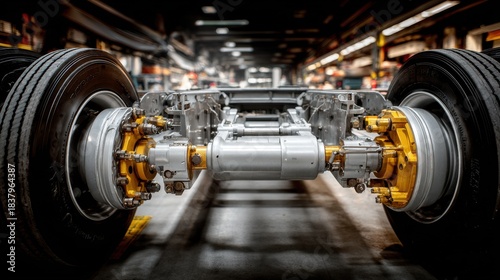 Close up of a truck's chassis and suspension system with wheels in a factory
