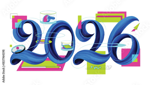 Digital Year 2026: An abstract digital rendering showcases the vibrant number 2026 with a futuristic aesthetic and playful touches, representing the innovative spirit of tomorrow.