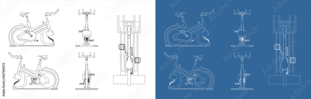 Fototapeta premium Orthographic Technical Drawing of Stationary Spin Bike Machine