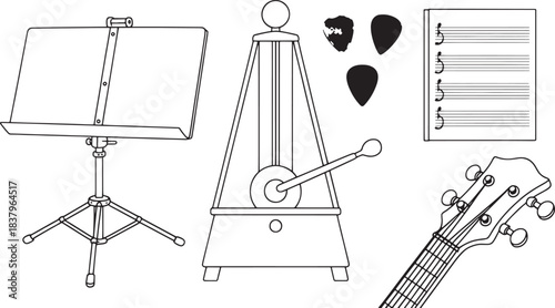 Black and white line drawing of music practice tools and guitar headstock metronome music stand