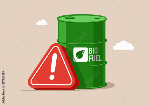 low-quality products. Biofuel in barrel with exclamation attention sign. Low demand. Sale of biofuel products. Modern flat vector illustration.