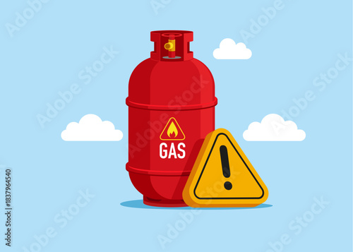 low-quality products. Gas cylinder with exclamation attention sign. Low demand. Sale of gas products. Commodity prices for trade and investment. Modern flat vector illustration.