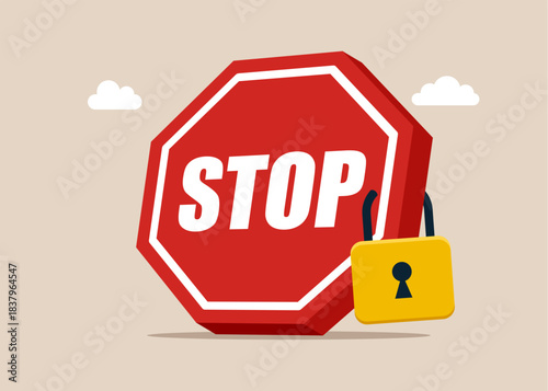 Stop sign on lock. Danger situation. Important news in blocking. Vector flat illustration