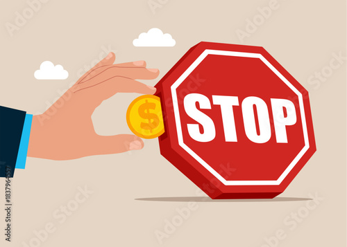 Hand putting coin in stop sign. Danger situation. Important news. Vector flat illustration