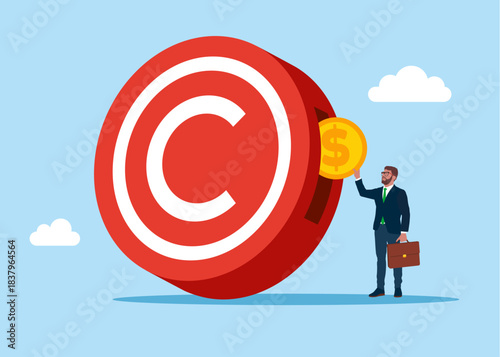 Businessman putting coin in copyright symbol. Intellectual property and legislation. Patent office. Legal consultation. Intellectual property defence. Flat vector illustration