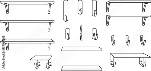 Black and white line drawing of shelves and hooks for wall mounting shelf storage