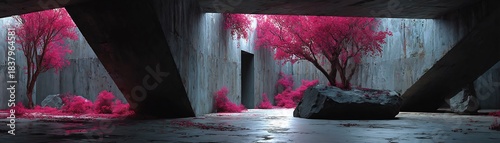 Brutalist Concrete Architecture Pink Alien Trees Surreal Landscape Modern Design Garden Nature Environment Sci Fi Background Future City Minimalist Industrial Aesthetics Bunker
