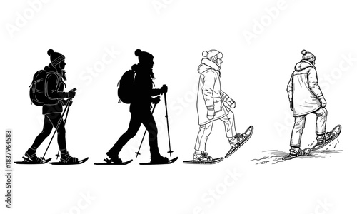 Winter adventure people snowshoeing line art and silhouette illustration