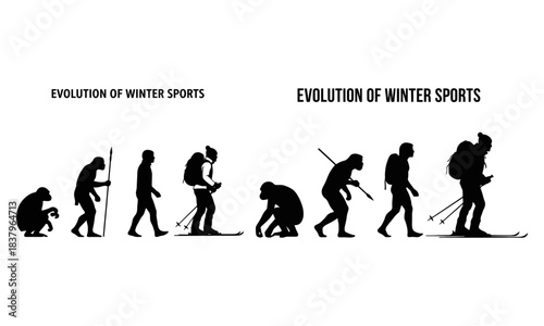 Human evolution progression to modern winter sports skiing silhouettes