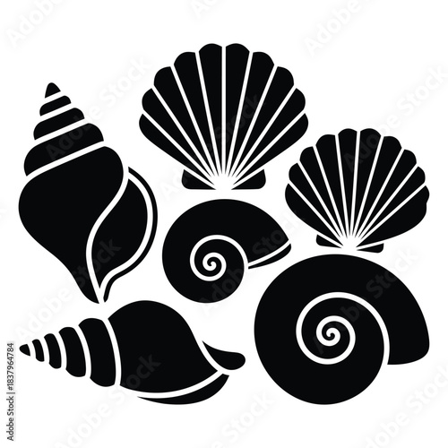 Assortment of Black Seashell Silhouettes on White Background