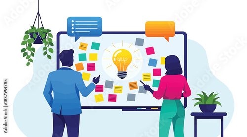 Illustration of two individuals brainstorming with sticky notes around a light bulb on a whiteboard, symbolizing idea generation, planning, and creative collaboration in a modern workspace