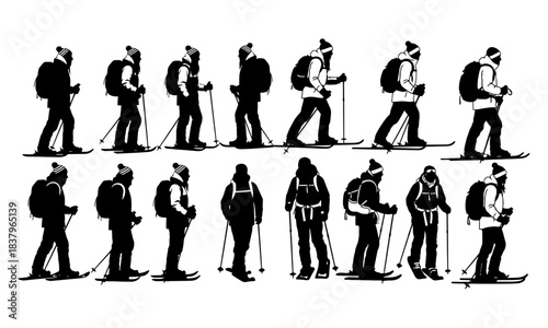 Silhouettes of ski tourers and snowshoers walking with poles and backpacks