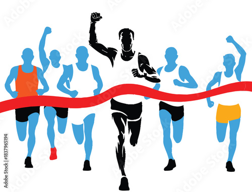 Silhouette of race with winner crossing red ribbon