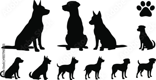 Dog silhouette collection, breed diversity icon, black illustration, sitting and standing poses, pet profile set, paw print symbol, canine posture variety