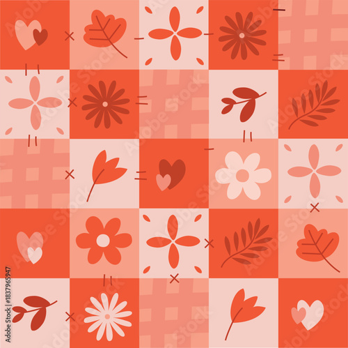 Seamless vector pink mosaic patchwork pattern – decorative squares with stylized leaves, hearts, and flowers – cozy quilt-inspired design for fabrics, wrapping paper, and home decor