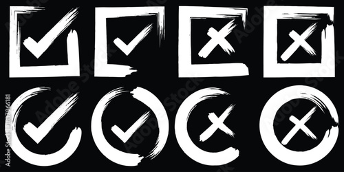 Check mark icons set. Green brush stroke check mark, tick symbols, checklist signs. Grunge brush stroke signs. Grunge checkmark design. Dirty grunge stroke checkmark sign vector illustration Handdrawn