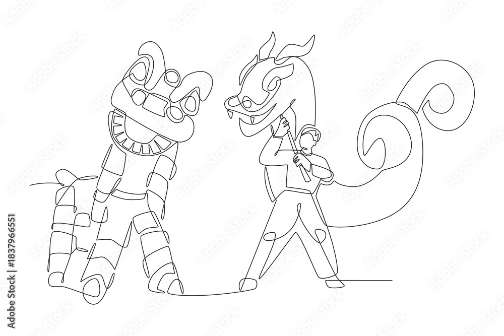 Fototapeta premium Lion and dragon dances concept one-line drawing