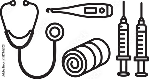 Black line drawing of medical instruments stethoscope thermometer syringes and rolled bandage healthcare