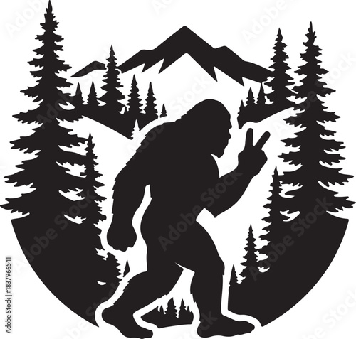 Bigfoot Sasquatch Peace Sign Silhouette SVG - Forest Mountain Nature Graphic